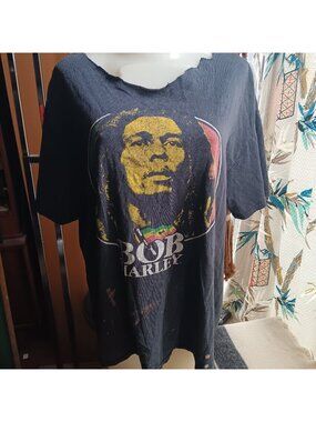 Womens Large Bob Marley Graphic Tee Black Distressed Cut-Out Back Design
